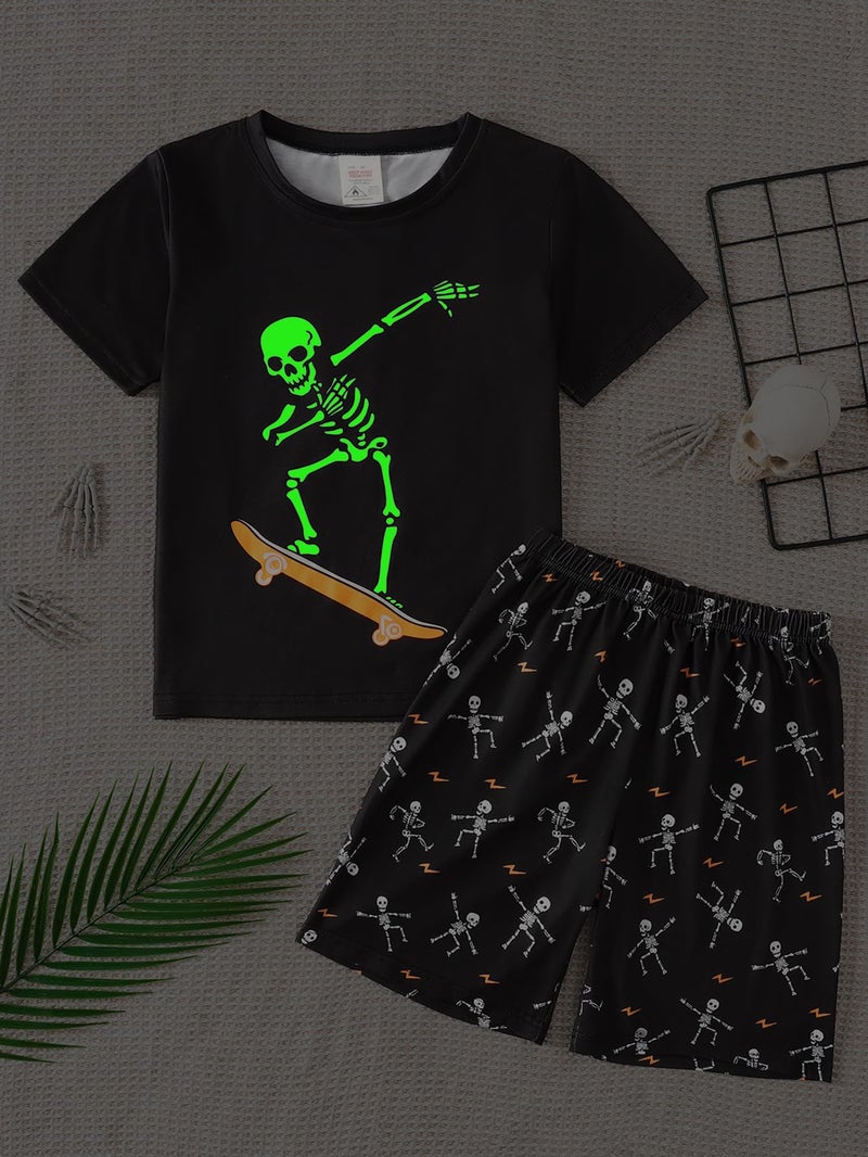 MyFav Big Boys Glow in Dark Skull Pjs Sleepwear Summer Pajama Shorts Sets, Skateboard, 14 Years - Image 2